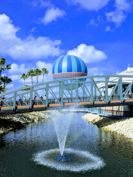 bridge and water fountain at disney springs, walt disney world, orlando